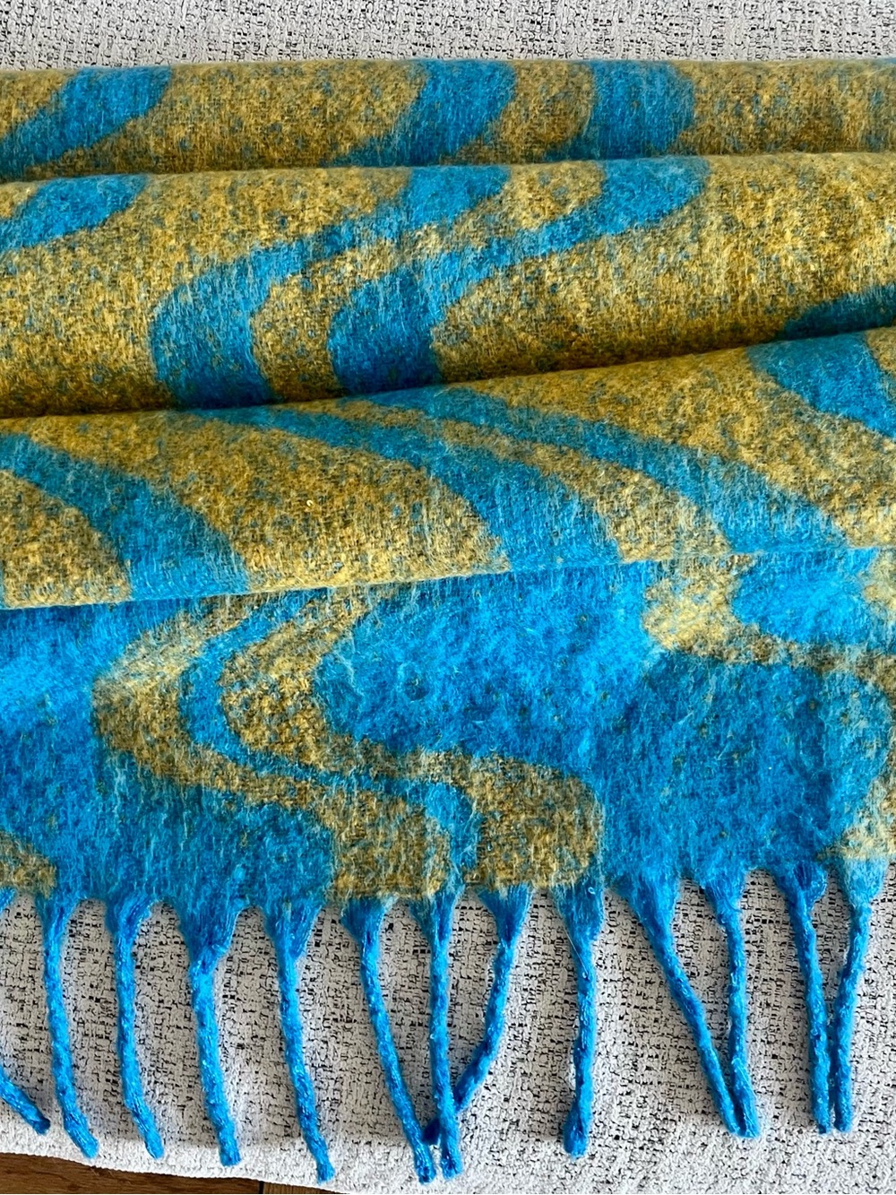 Urban Outfitters Blue and Mustard Wave Oversized Fringe Scarf